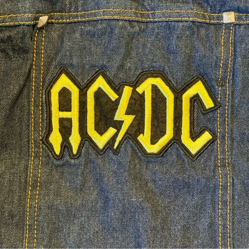 Fatdog AC/DC dog Denim Jacket Black Hoodie studded blue Jean vest rocker SMALL